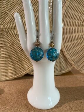 Venetian Blue Glass Dangle Earrings with Bronze Accents